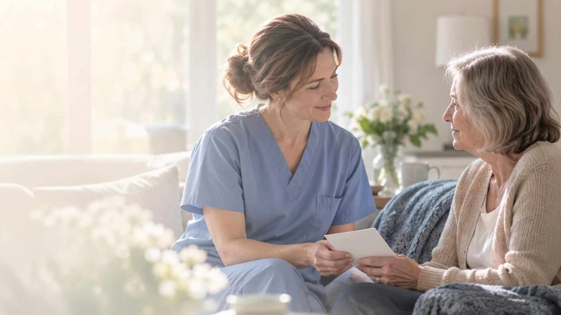 Nurse offering a continuing grief-support resource to a family member in a peaceful home.